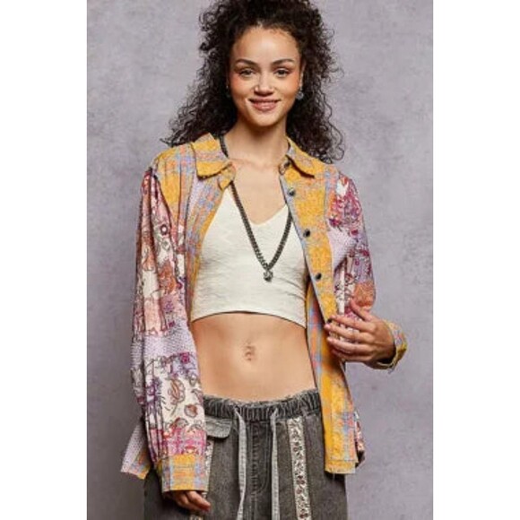 POL Printed Button Down Long Sleeve Exposed Seam Shirt - Picture 4 of 8